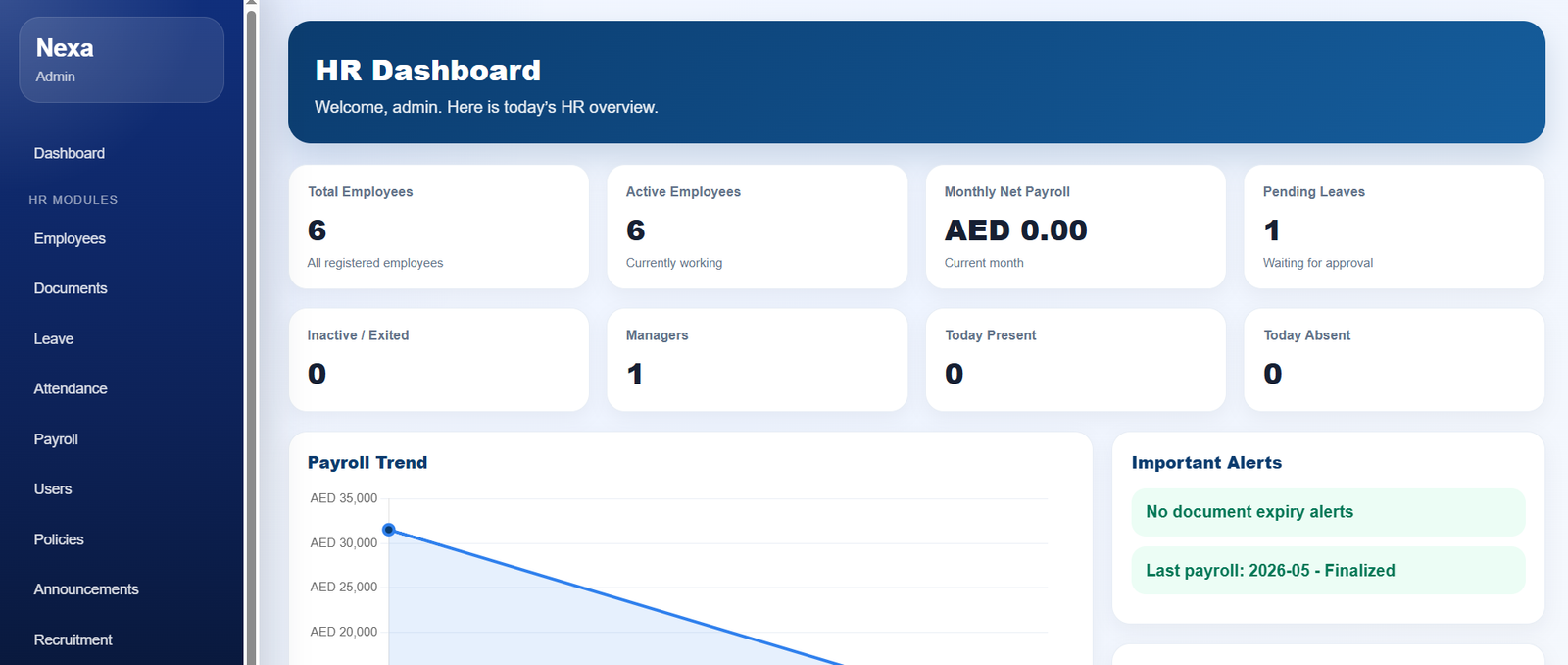 Nexa HR admin dashboard