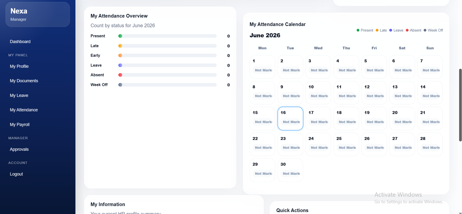 Nexa HR attendance calendar and attendance overview