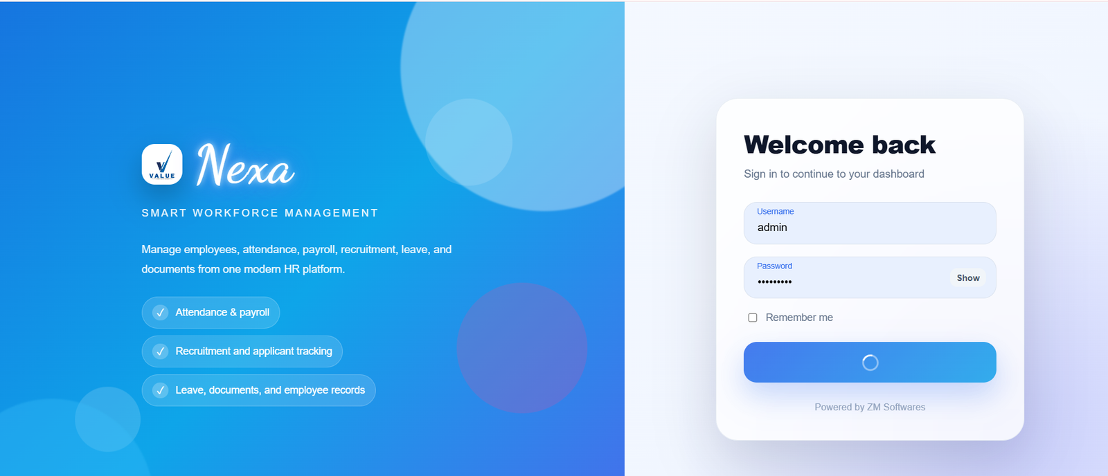 Nexa HR login screen