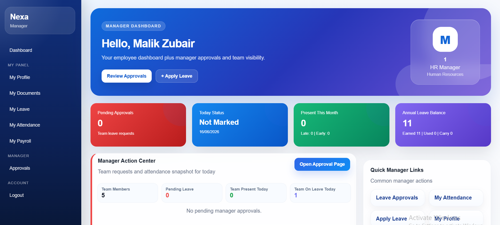 Nexa HR manager dashboard by ZM Softwares